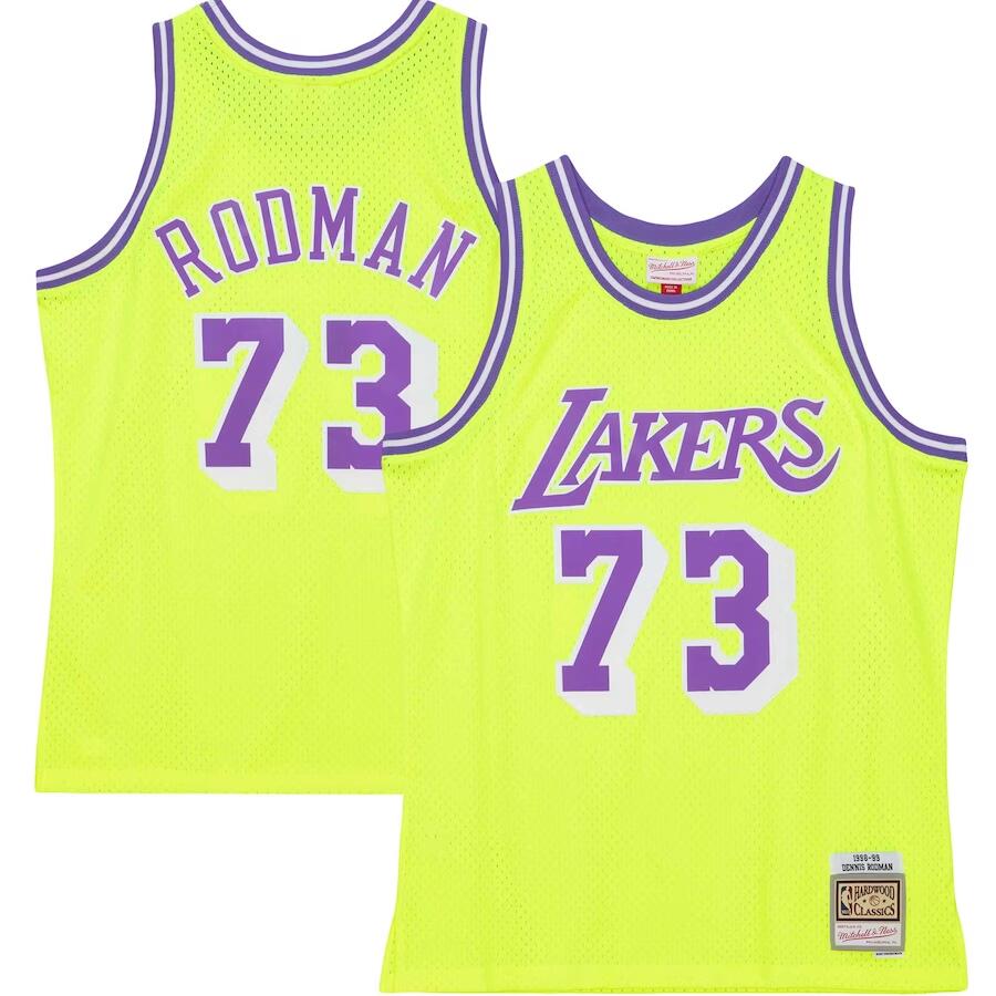 Men's Los Angeles Lakers #73 Dennis Rodman Mitchell & Ness Neon Yellow Hardwood Classics 1998/99 Tropical Swingman Jersey
